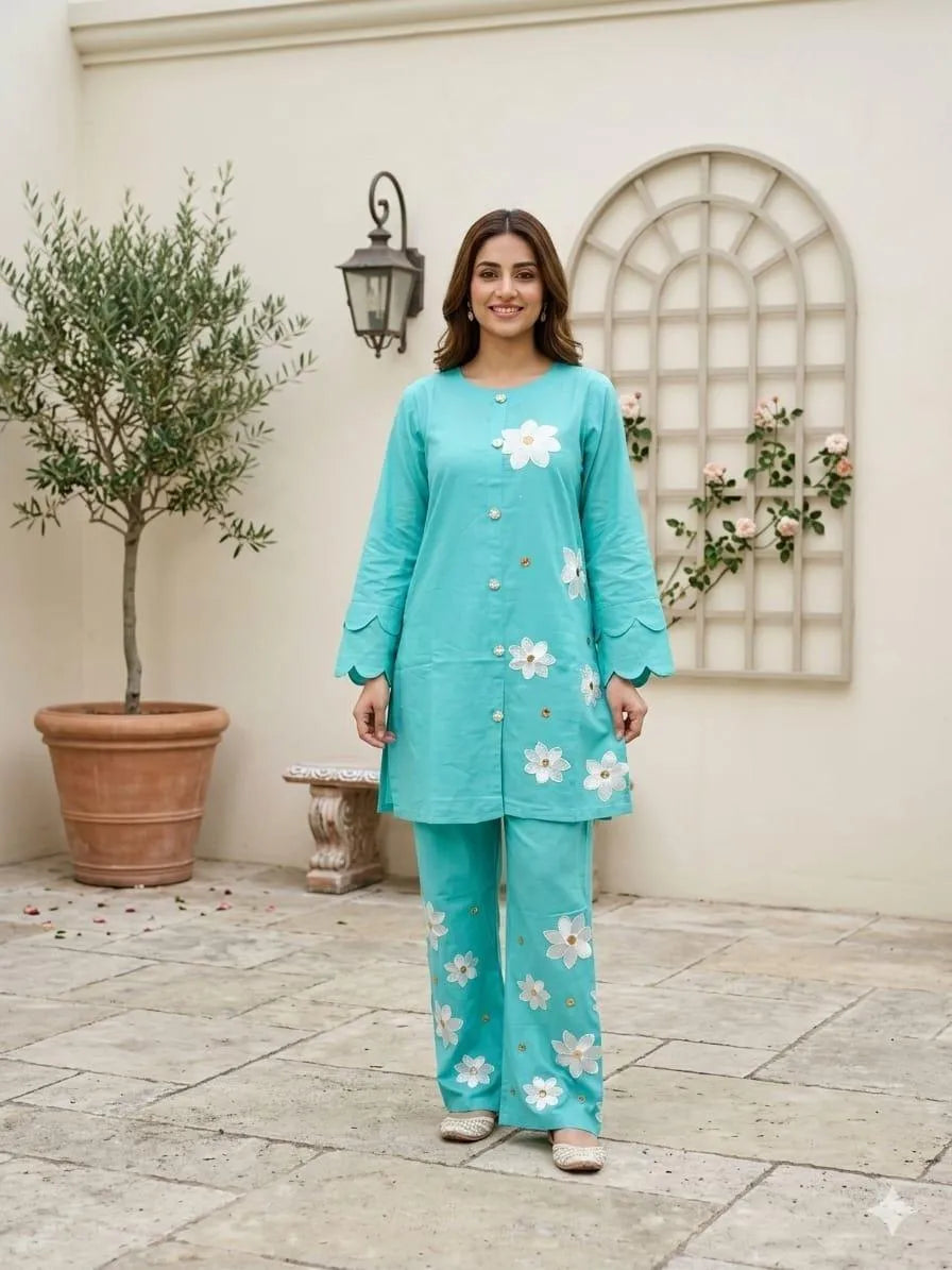 Summer Trendy Design 2 Pcs Women's Stitched Embroidered Shirt And Trouser