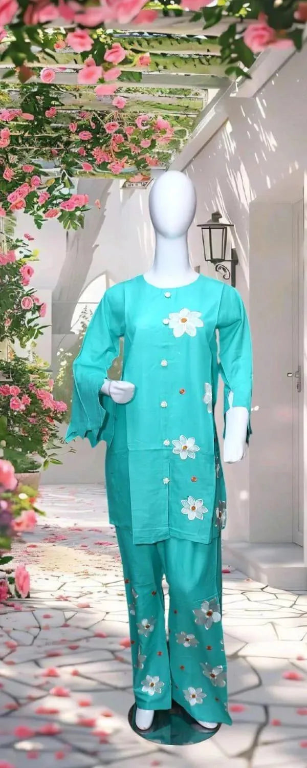 Summer Trendy Design 2 Pcs Women's Stitched Embroidered Shirt And Trouser